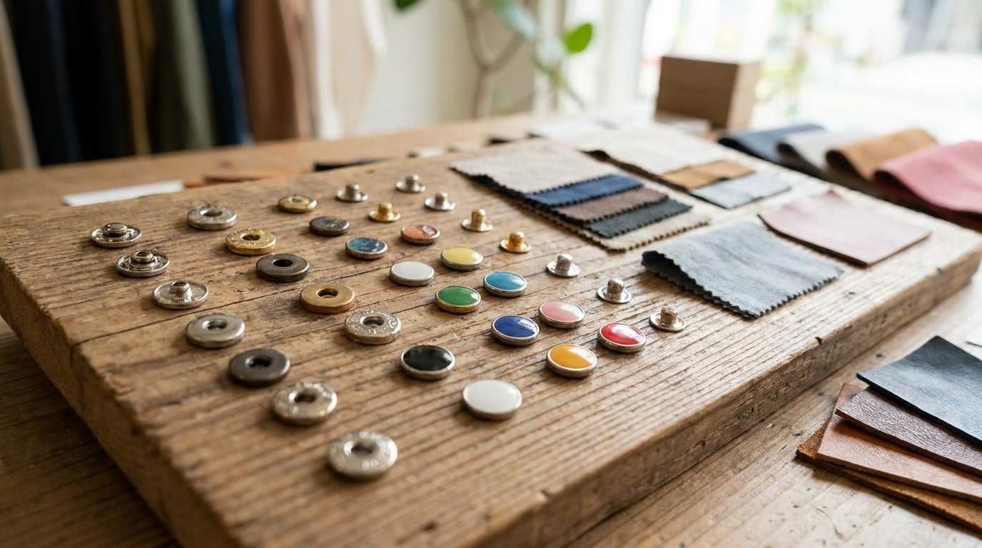 four part metal snap button, A four part metal snap button display shows assorted snap components and fabric samples arranged on a wooden board.